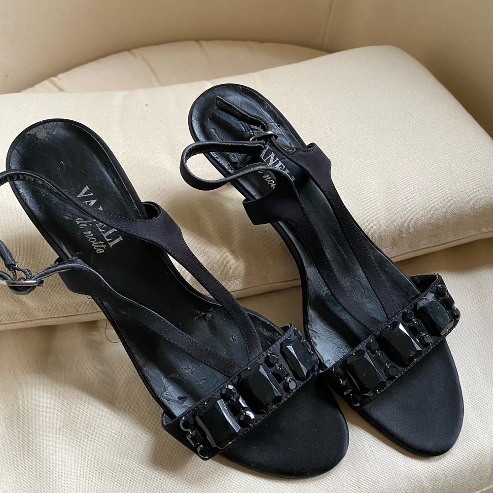 Vaneli black satin, jeweled kitten heels — worn only once, 9.5 narrow